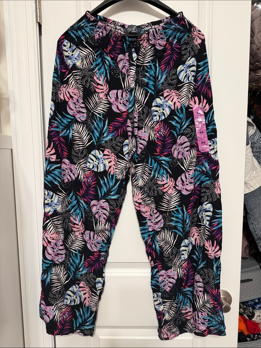 Primark Black Tropical Leaf Print Joggers with Pink & Blue Accents